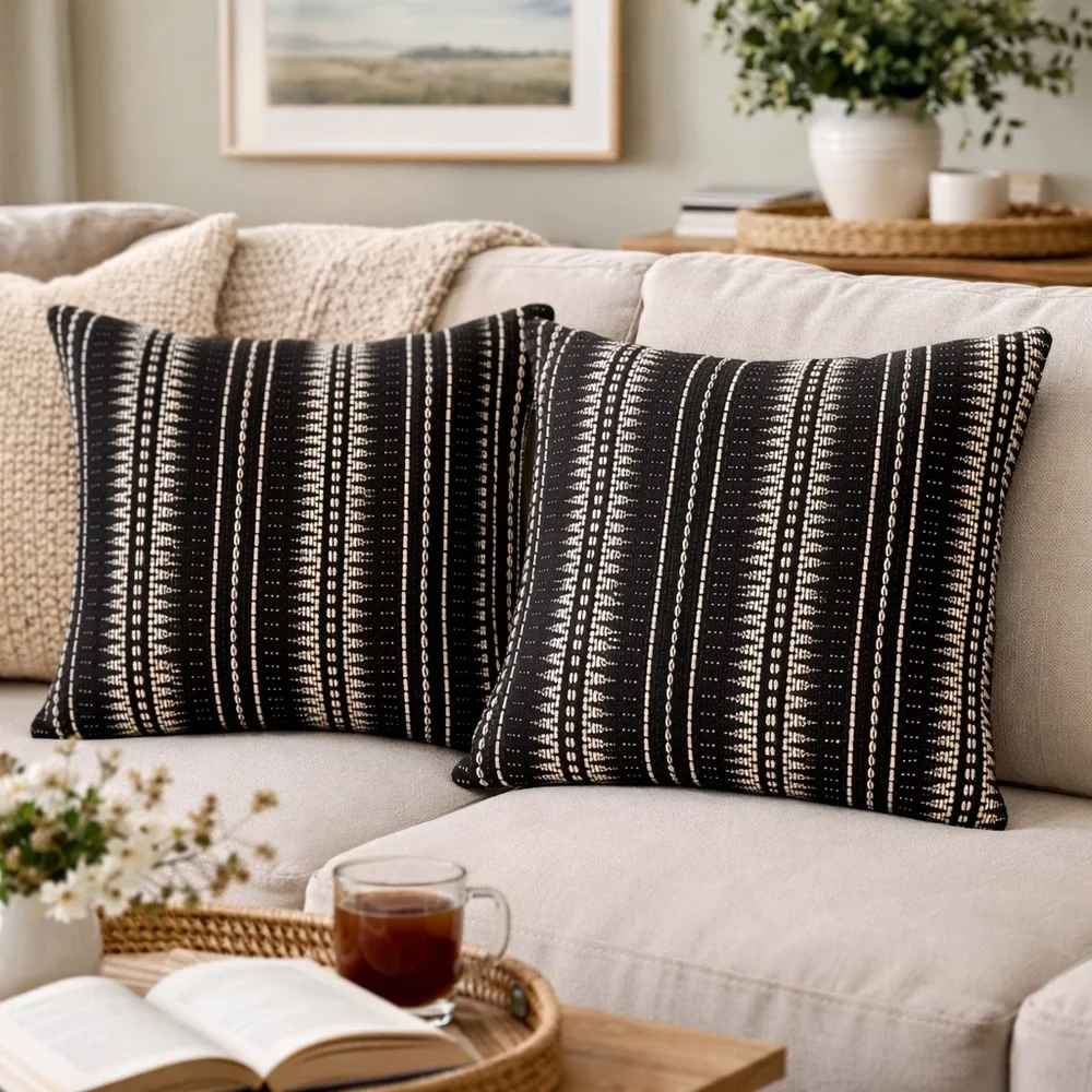 Ethan Allen Textured Silk Pillow Covers Set of 2 Black Ivory 20x20 Matte Woven